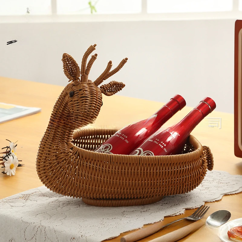 Deer Fruit  Grass Weaving Vine Weaving Deer shaped Storage PP Imitation Vine Fruit Basket Living Room Deskto