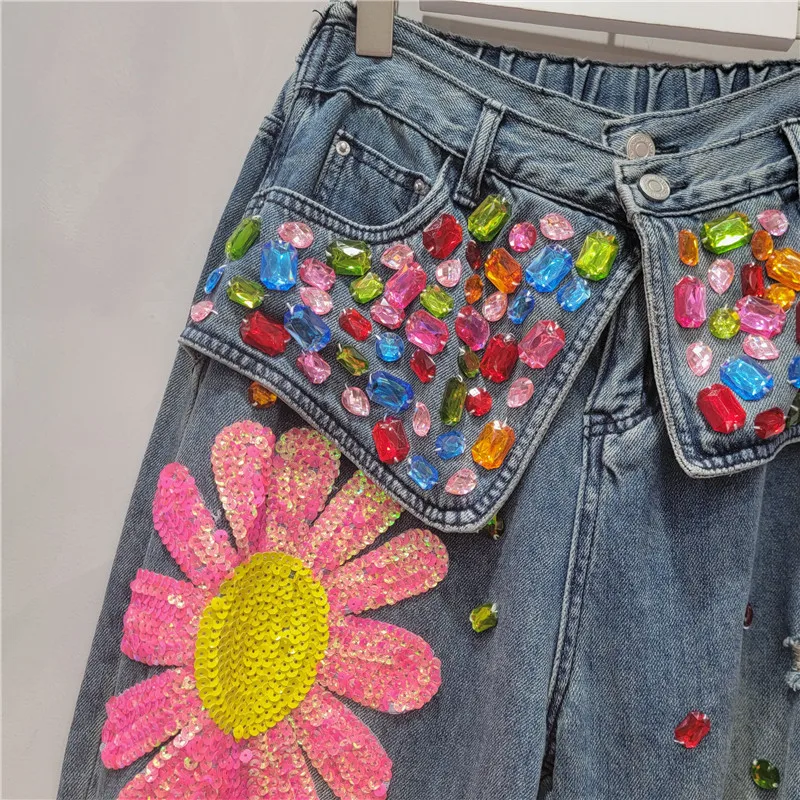 High Street Style Heavy Industry Beads Blue Jeans Women Spring Autumn Soft Ripped Distressed Sequined Gem Harem Pants Pants