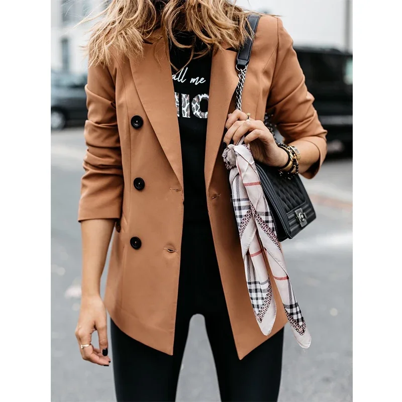 Solid Jackets Black Lapel Long Sleeves Button Office Lady Khaki Business Suits Blazer Winter Women Double Breasted Blazer Coats