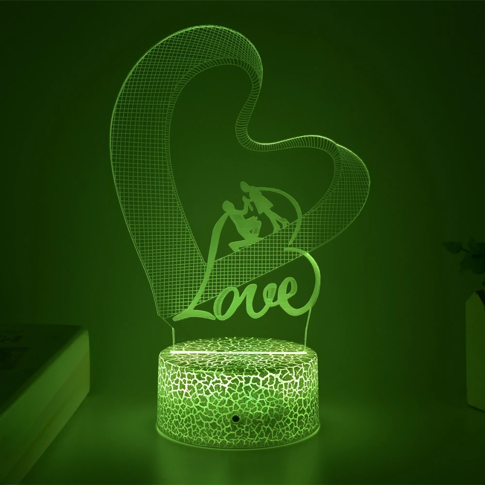 3D Heart Shape LED Night Light with Love Couple RGB 7 Color Changing Desk Lamp Romantic Gift for Valentine's Day Bedroom Decor