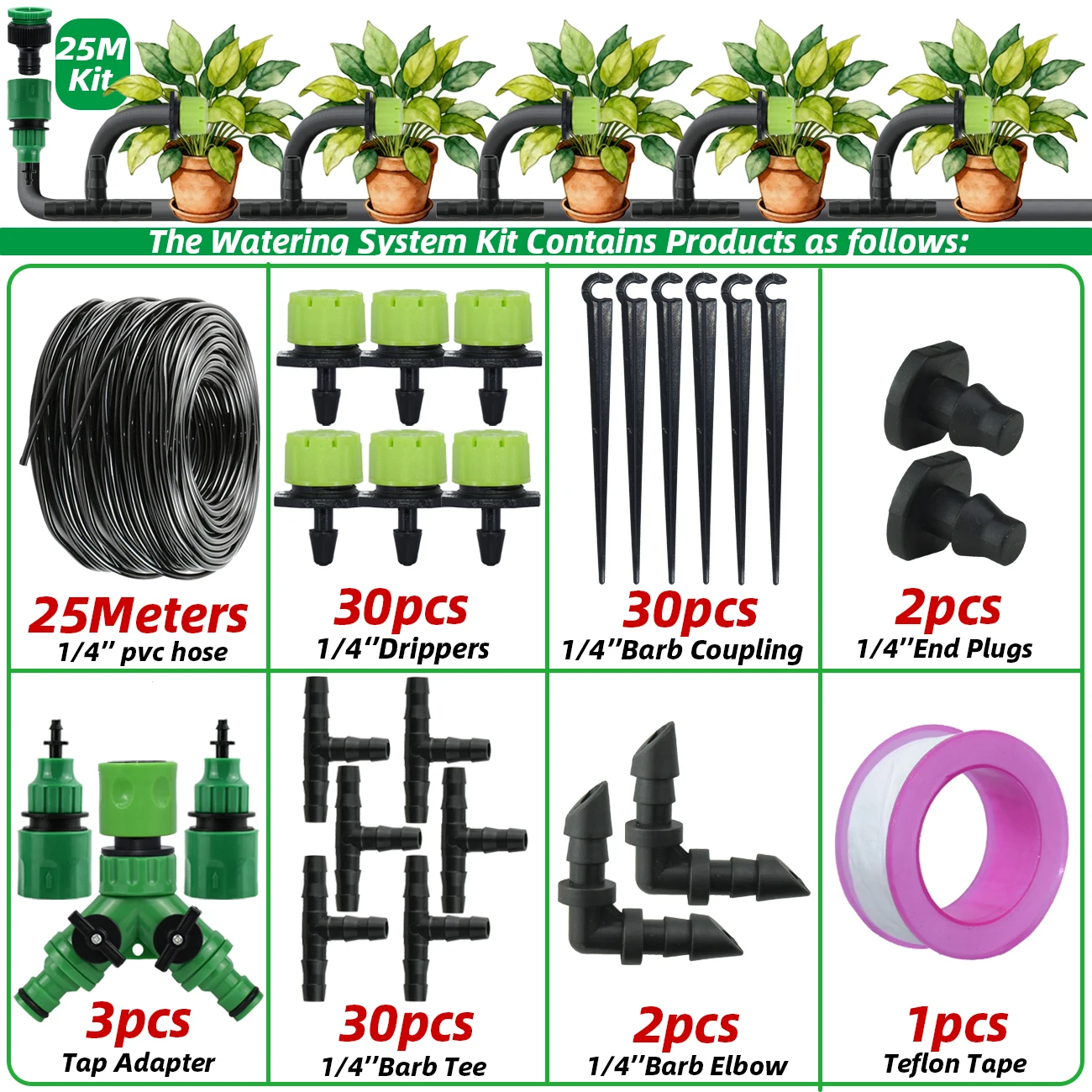 5-30M Tuin 1/4 ''Slang Druppelirrigatie Kit Automatisch Besproeiingssysteem Verstelbare Draagbare Waterbesparende Kasplant bloem