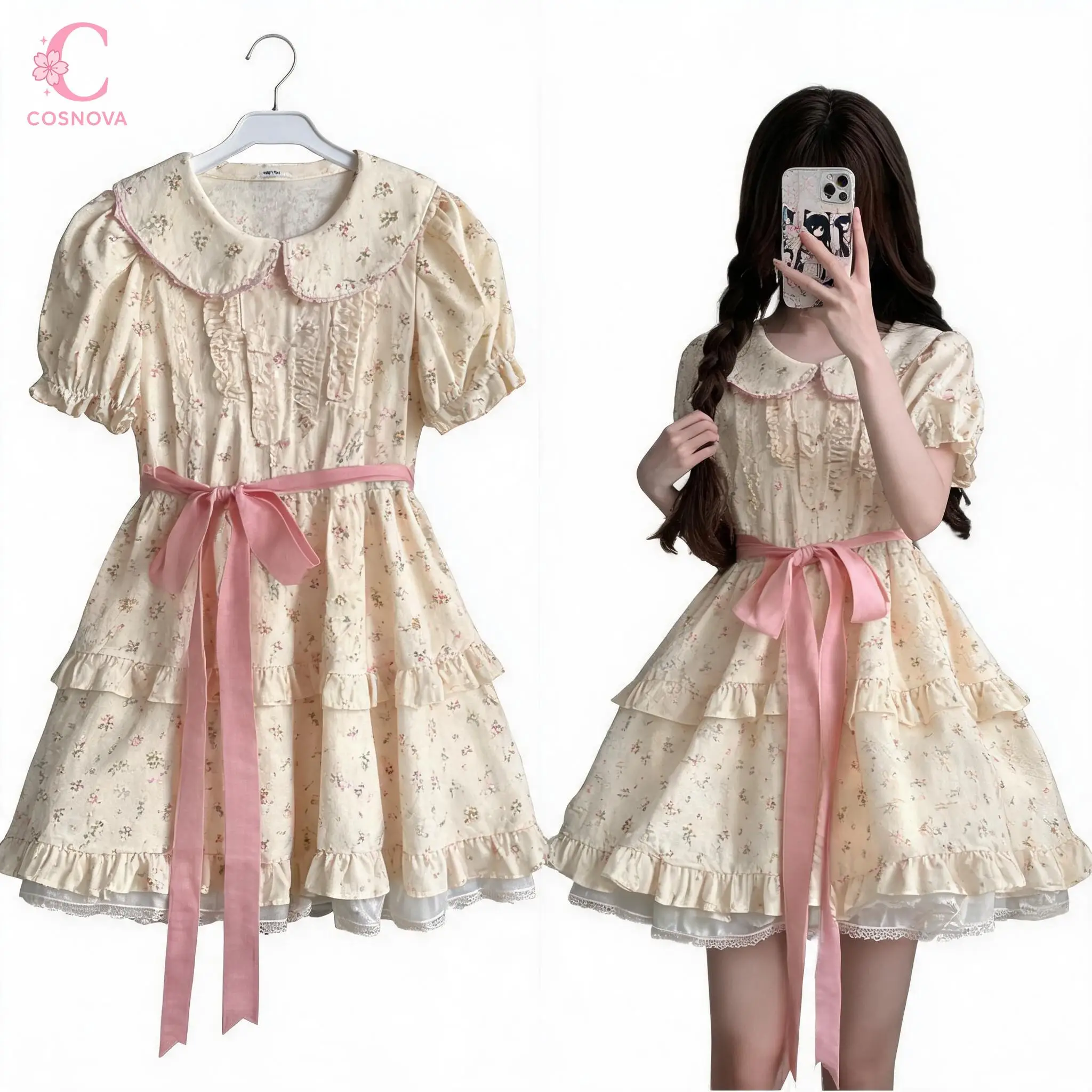 Sweet Princess Floral Print Puff Sleeve Doll Collar Women Summer Dresses Bow Belt Ruffle Cake Dress Petite Party Popular Clothes