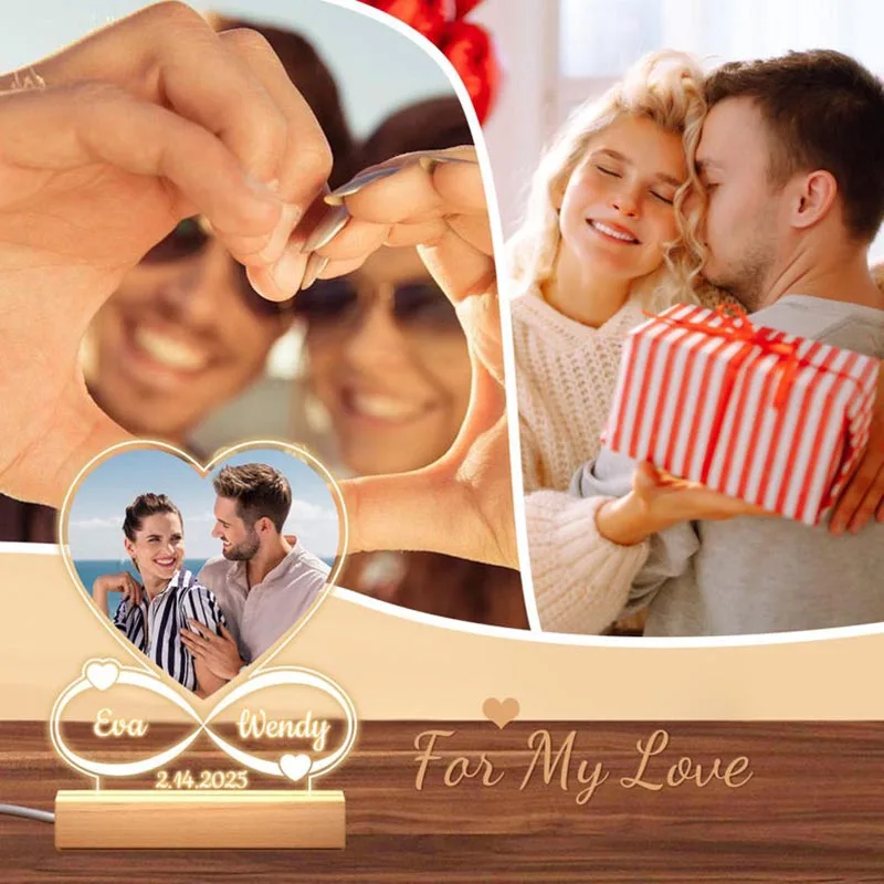 Custom couple gift — personalized acrylic photo lamp with night light & plaque frame for anniversary/wedding 5
