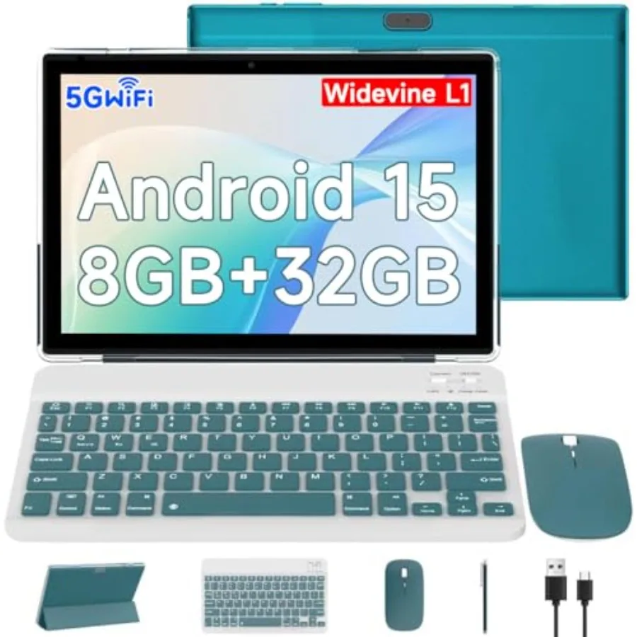 

10.1 Inch 2 in 1 Android 15 Tablet with Keyboard Mouse Case Stylus 8GB RAM 32GB ROM Expandable to 1TB 1.8GHz Quad-Core IPS HD T