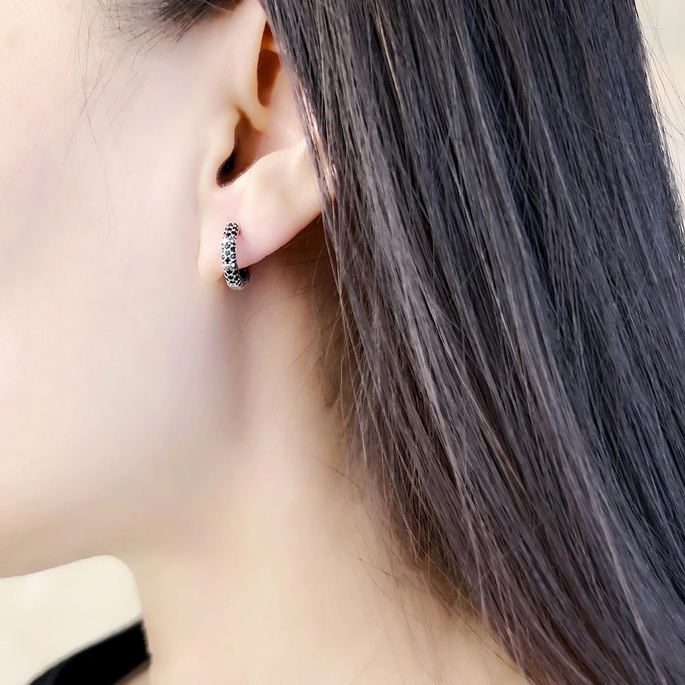 Bamboo Black Creole Hinged Hoop Earrings,Europe Glam Fine Jewerly For Women Men Gift In 925 Sterling Silver
