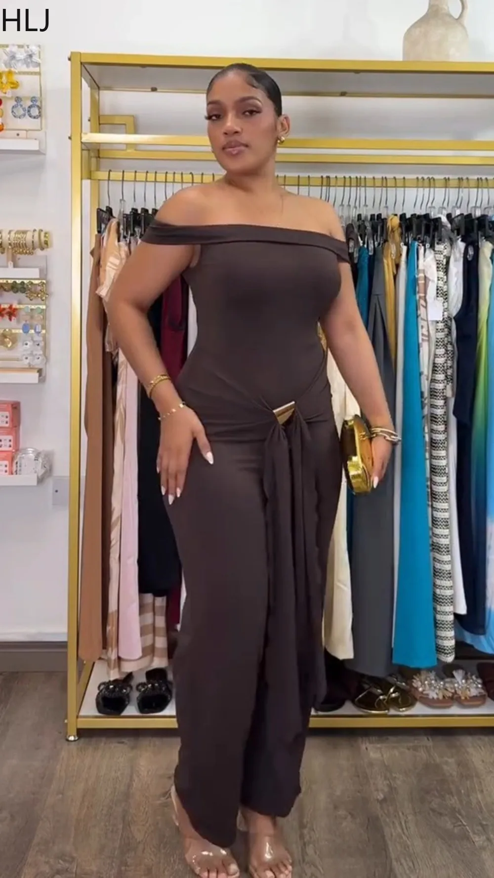 HLJ Fashion Ruched Patchwork Bodycon Jumpsuits for Woman Solid Color Off Showlder Backless Rompers Female Streetwear Overalls