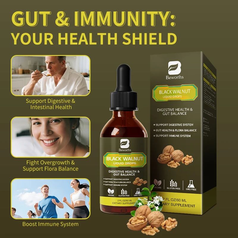 Beworths 98% Absorption Black Walnut Wormwood Drop do oczyszczania jelit i wspierania zdrowia trawiennego, wegańskie, bezglutenowe, wspierające zdrowie układu odpornościowego