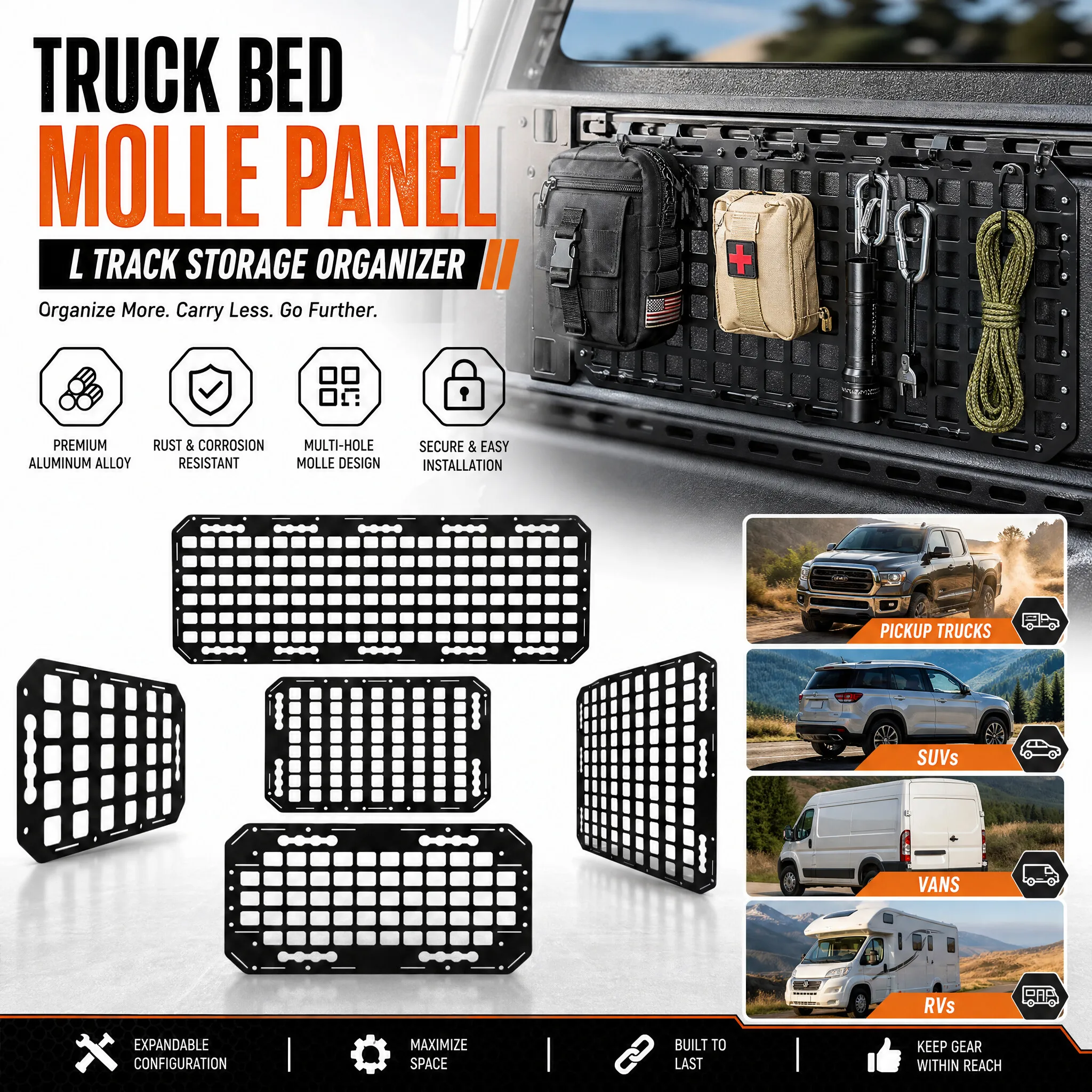 1Pc 7 Sizes Truck Bed Molle Panel Rack Alloy L Track Storage Organizer Cargo Storage Molle Panel for Cars SUVs Pickup Van RVs