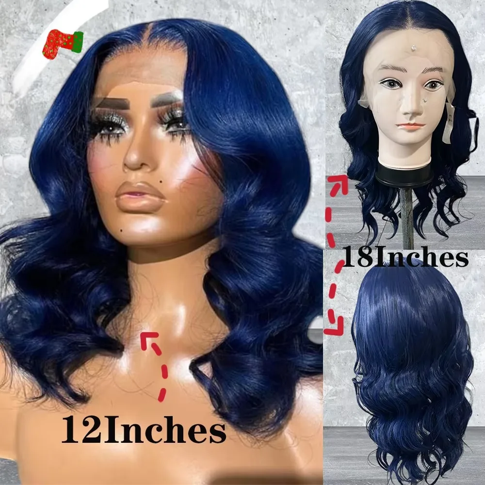 Bob Dark Blue 13x4 Hd Synthetic Lace Front Wigs Short Color Body Wave Glueless Wear To Go Prepluck Hairline For Women Party Wigs