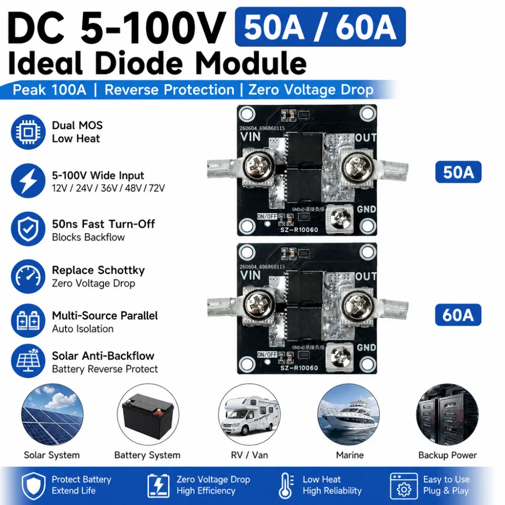 DC 5-100V 50A/60A (100A Peak) High-Current Diode Module, Solar Backflow Protection, Battery Reverse Connection Protection
