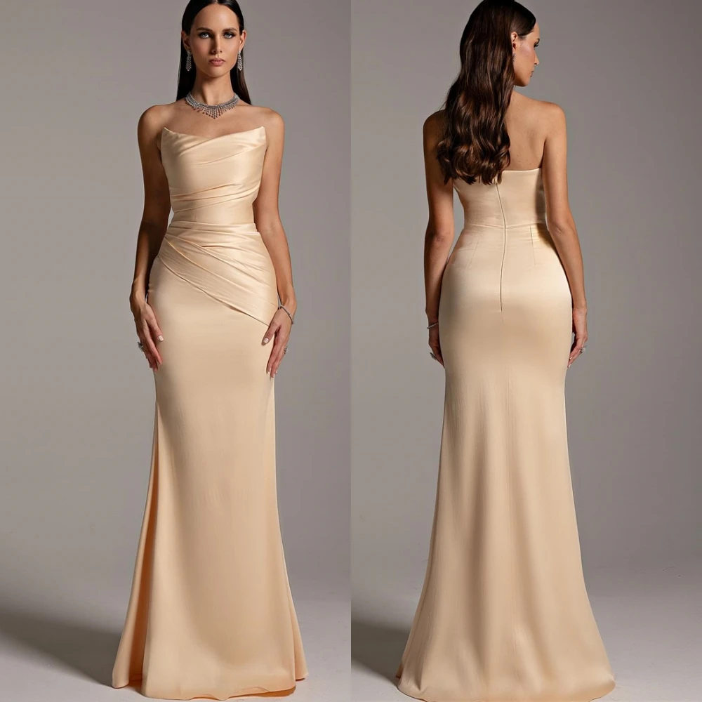 ที่กําหนดเอง Strapless ซาติน Mermaid ชุดราตรีที่ละเอียดอ่อนความยาวชั้น Party Dresses อารมณ์พิเศษโอกาส Gowns