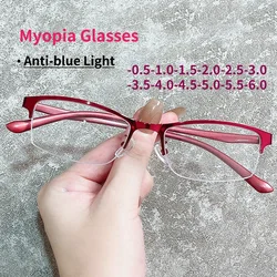 Óculos Half Frame Miopia para Homens e Mulheres, Luz Anti-Azul, Lentes Prescritas, Óculos Acabados, Senhoras,-1.0 a-4.0