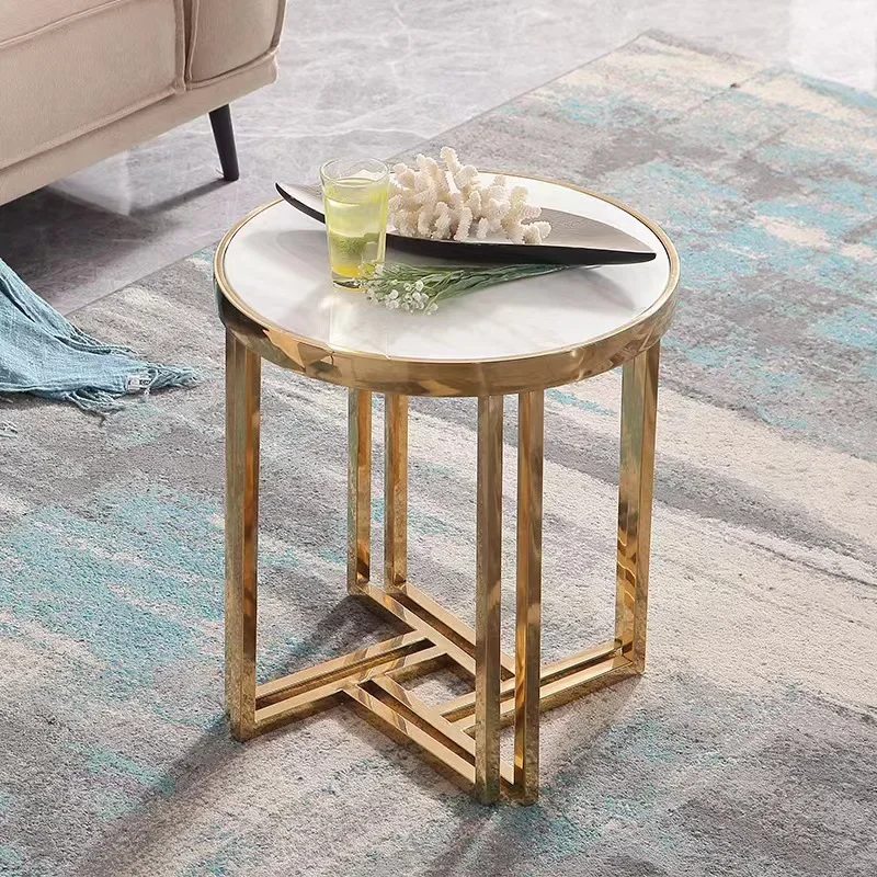 

Golden stainless steel corner table modern minimalist side table tempered glass marble small apartment living room round