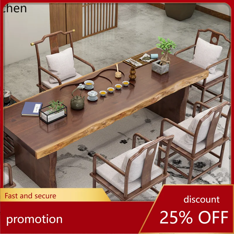 ZML Solid Wood Tea Table and Chair Set Large Board Tea Brewing Office Home Use Natural Wood Kung Fu Tea Table