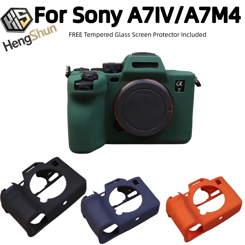 For Sony A7IV A7M4 Camera Lychee‑Texture Silicone Case Skin,Shockproof Anti‑Slip Protective Cover + 1PCS Tempered Glass Screen