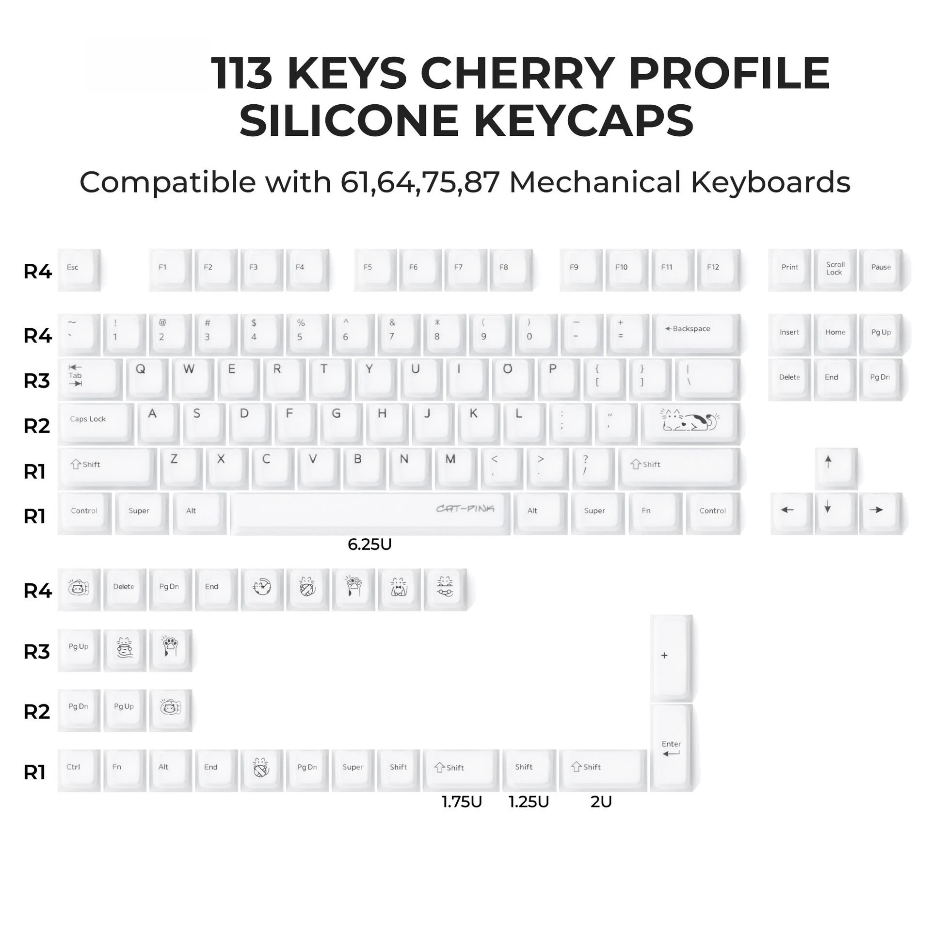English Silicone Keycap White Pink Silicone PC Girl Cute High-value Bilingual Engraved Keycap for Mechanical Keyboard Below 87