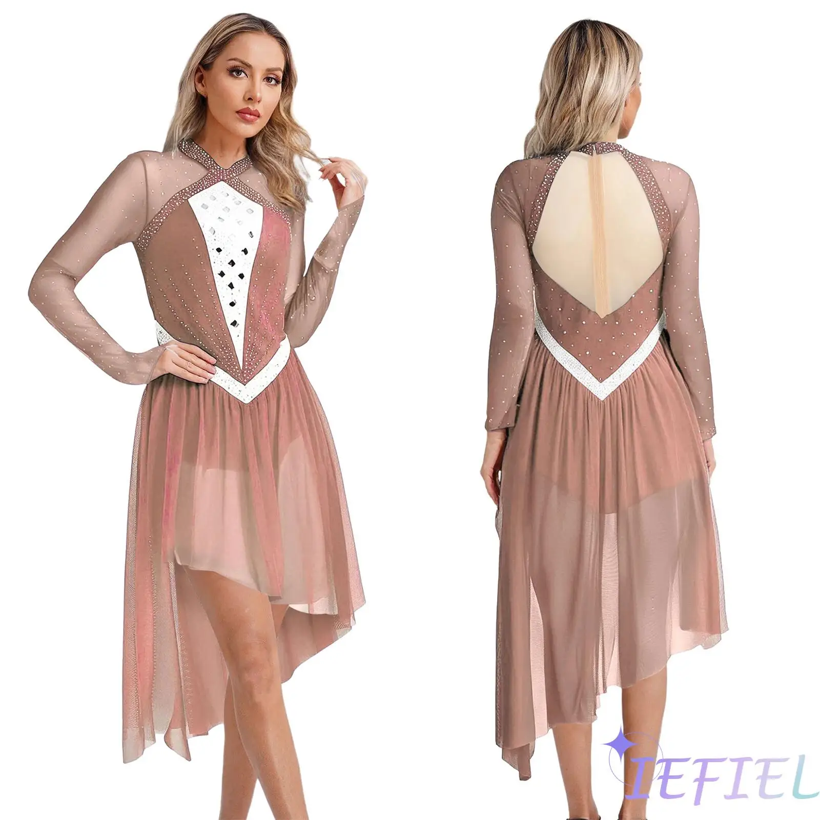 

Women Lyrical Dance Leotard Asymmetrical Figure Skating Gymnastics Dress Long Sleeve Rhinestone Mesh Dress for Jazz Modern Dance