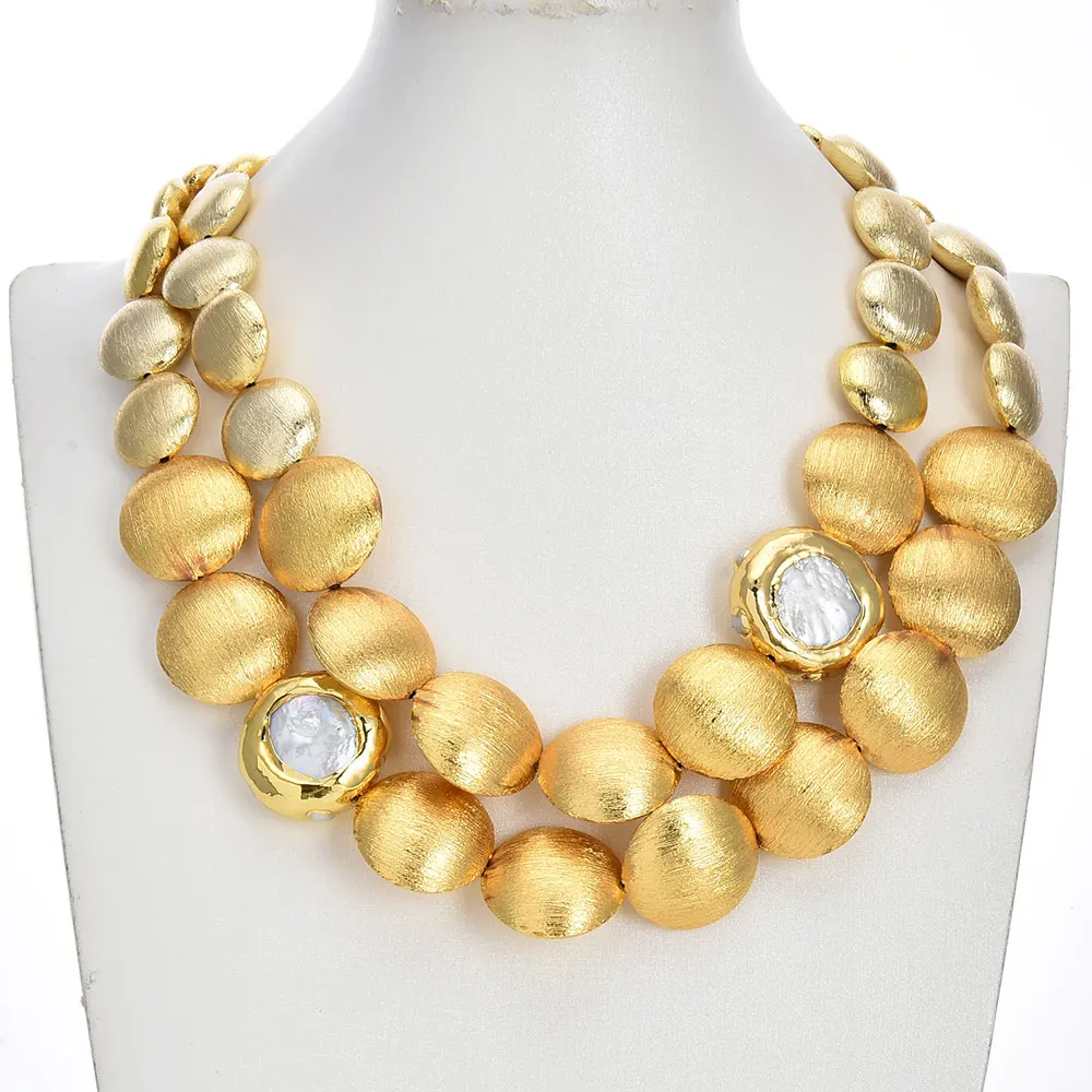 GG 2 Rows Gold Plated Brushed Coin Beads Cultured White Coin Keshi Pearl Necklace Classic For Women