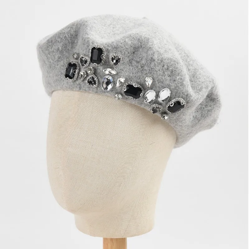 Luxury Designer Women Winter Diamond Beret Hats French Artist Rhinestone Embellished Wool Flat Ivy Irish Cap