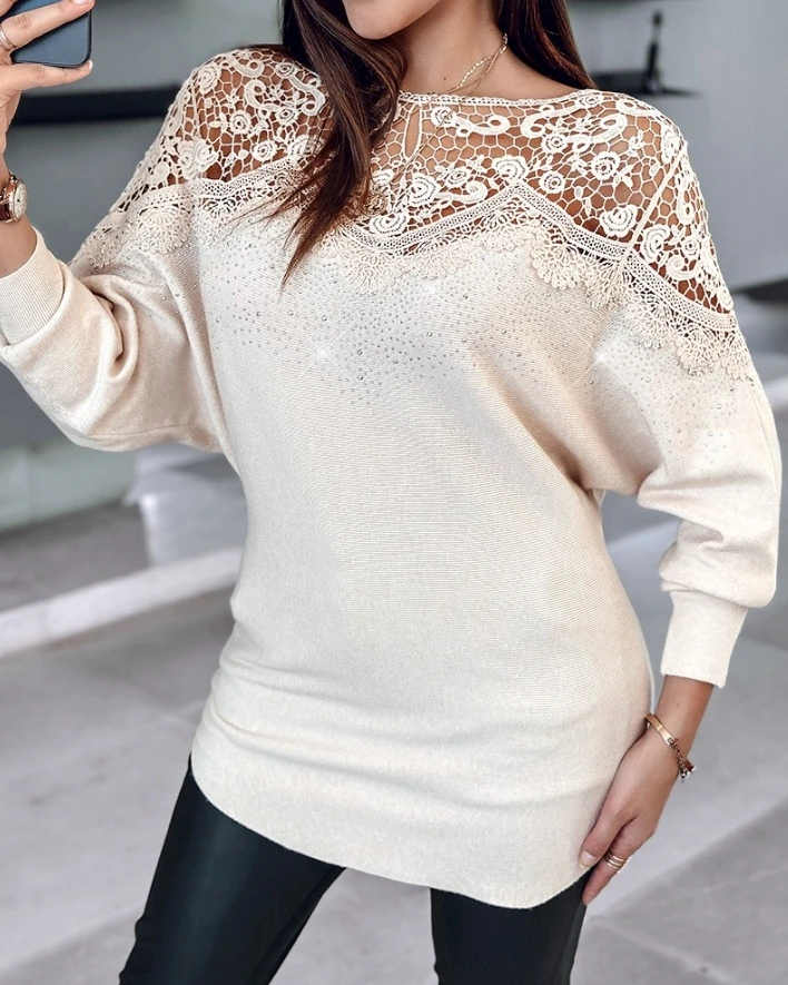 Sexy Elegant New Fashion 2024 Autumn Winter Casual T-Shirt Pullover Tops Batwing Sleeve Lace Patch Rhinestone Decor Sweater