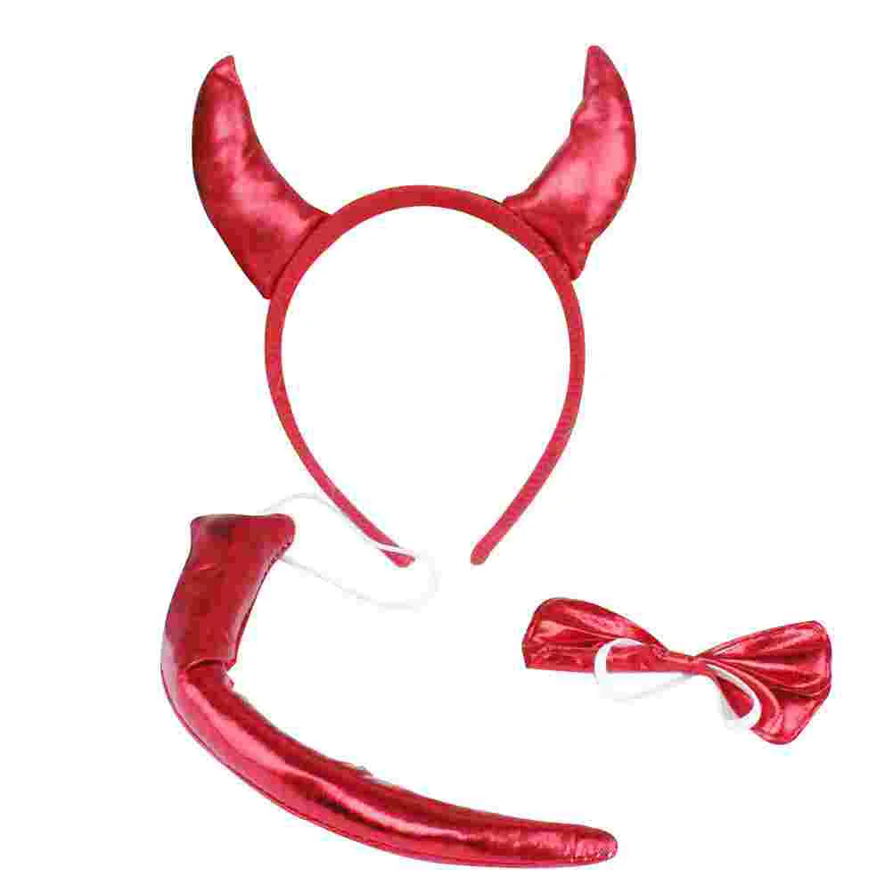 3PCS Children Horned headdress Cosplay Red Costume Set Party Fancy Dress Decor for Children (Headdress + Tail + Bow)