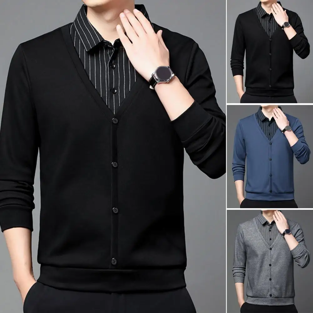 Men Fall Winter Sweater Lapel Sleeveless Single-breasted Fake Two-piece Elastic Casual Striped Men Casual Cardigan Sweater