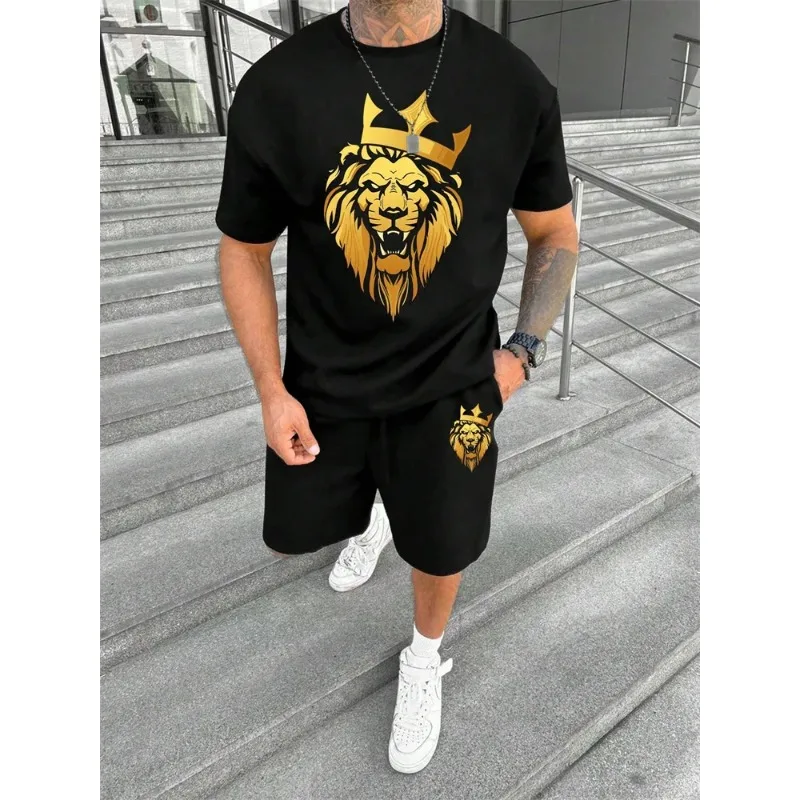 2025 New 3D Lion Printed Round Neck Short Sleeve T-shirt Fashion Shorts Set for Men's Summer Outdoor Sports Set