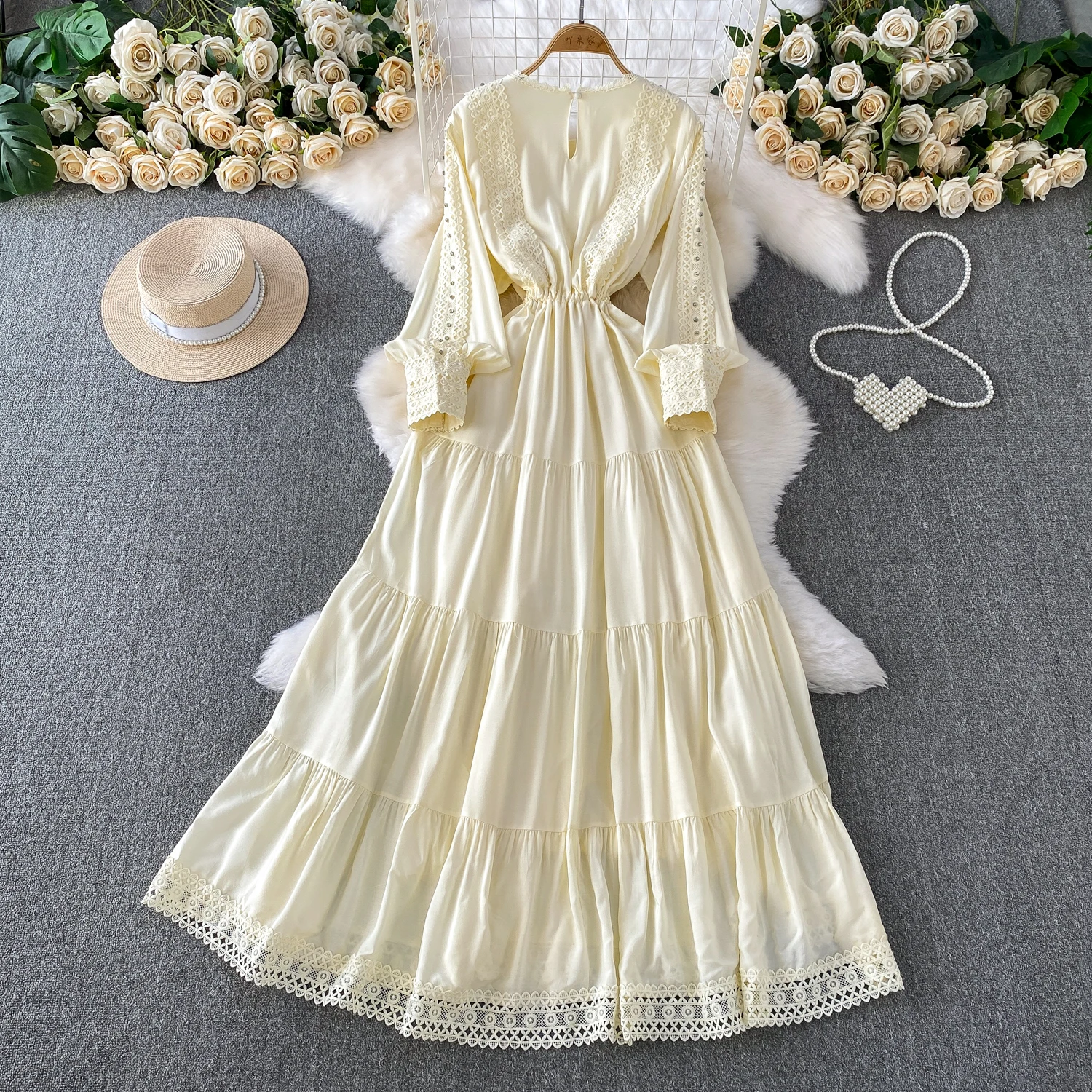 النمط الفرنسي الدانتيل الربط فستان طويل المرأة 2025 جديد الخريف ضوء الفاخرة الماس س الرقبة فساتين فضفاضة فستان الحفلات النسائية