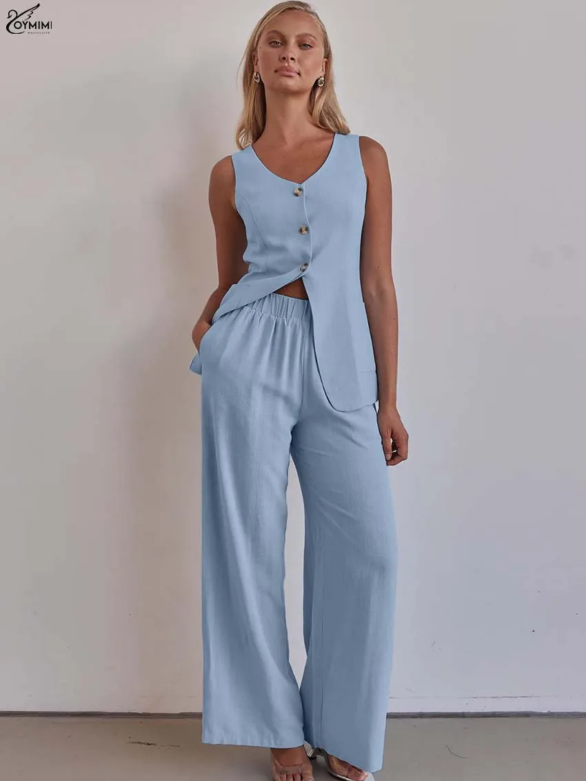 

Oymimi Fashion Blue Two Piece Outfits Woman Casual V-Neck Sleeveless Button Lace-Up Shirts And Simple Straight Trousers Sets