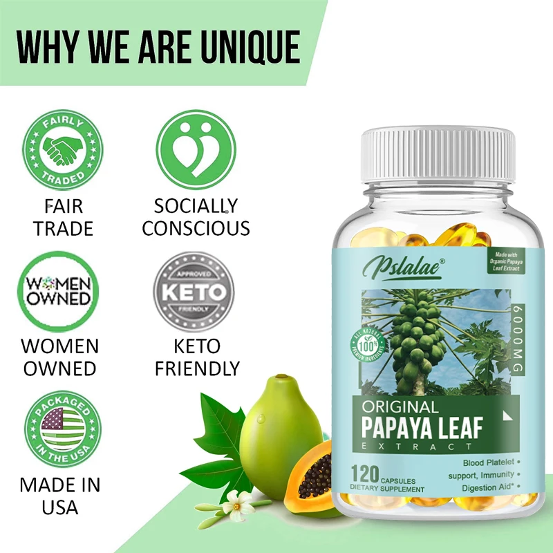 Papaya Leaf Extract Capsules - Supports Platelets, Bone Marrow and Spleen, Improves Immunity and Improves Digestion