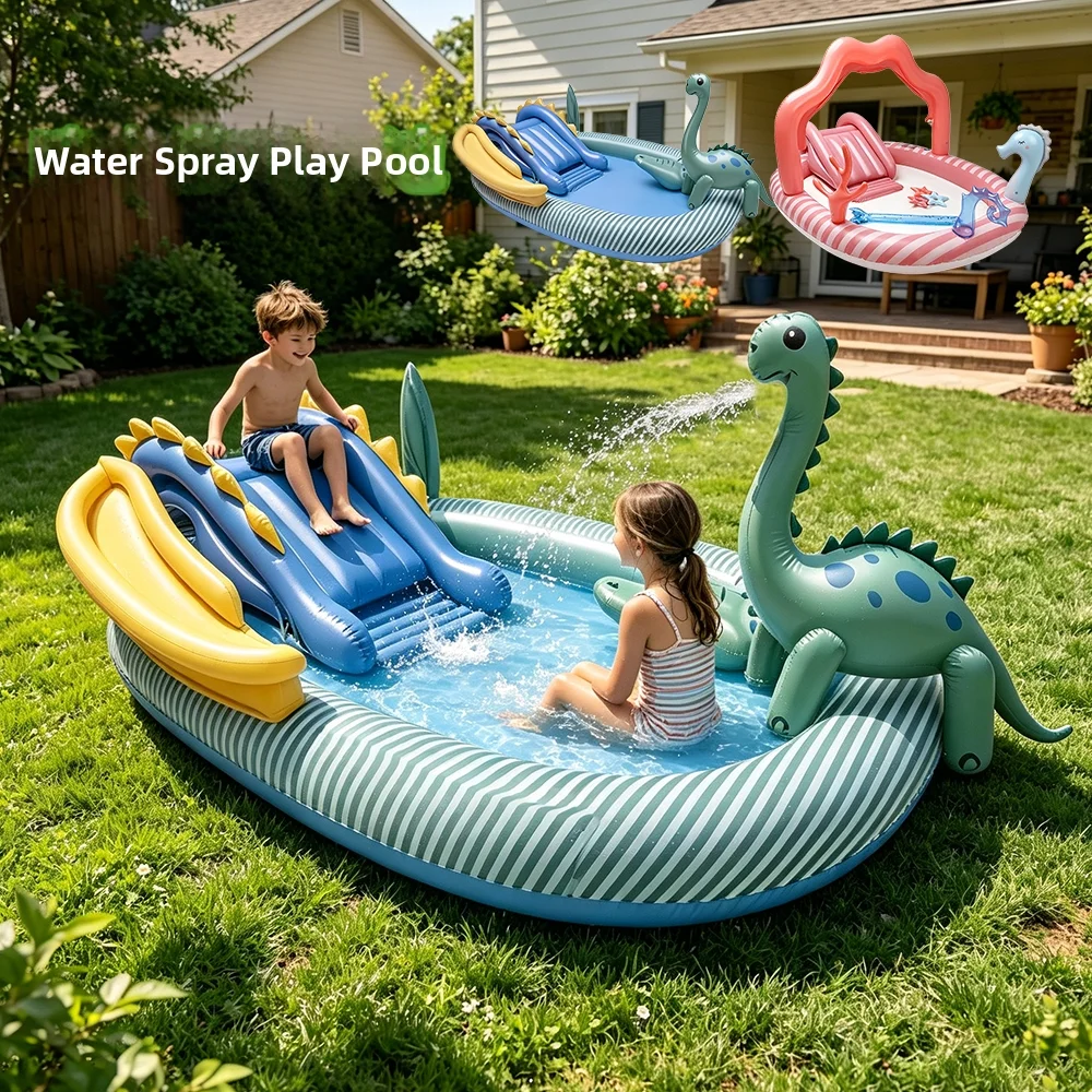 Aufblasbares Dinosaurier-Spielcenter mit Rutsche und Sprinkler, verdicktes PVC, Outdoor-Wasserpark für Kinder und Familie, Sommer
