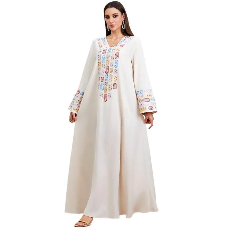 Muslim Dress Women 2026 Spring Summer Muslim Fashion Long Sleeve V-neck Polyester Party Evening Long Maxi Dresses Outfits