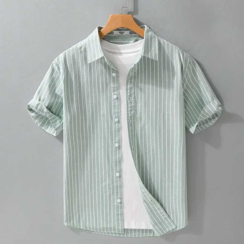 

2026 Summer New Fresh Striped Thin 100% Cotton Short Sleeve Shirt for Men Slim Casual Turn-down Collar Classic Shirt
