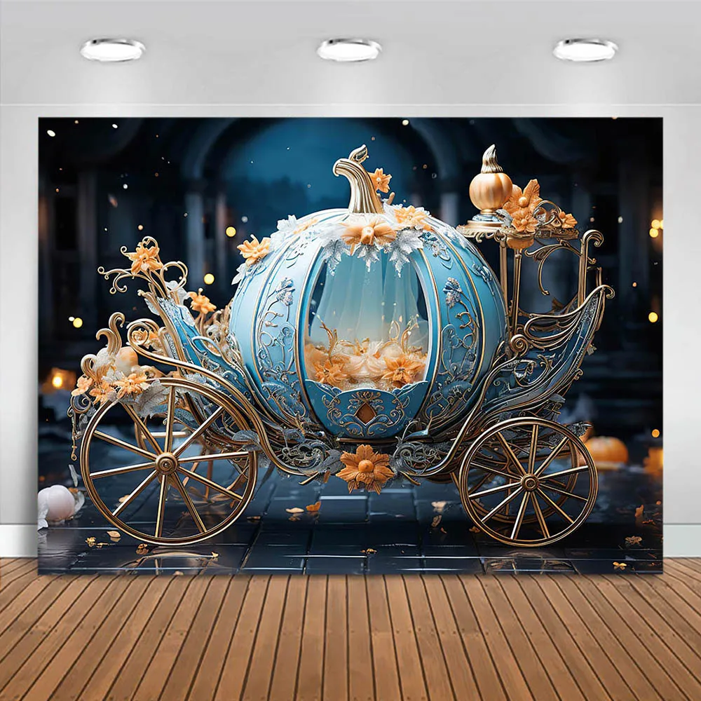 Mocsicka Blue Pumpkin Carriage Backdrop for Photography Fairy Princess Girl Portrait Photo Background for Studio Photocall Props