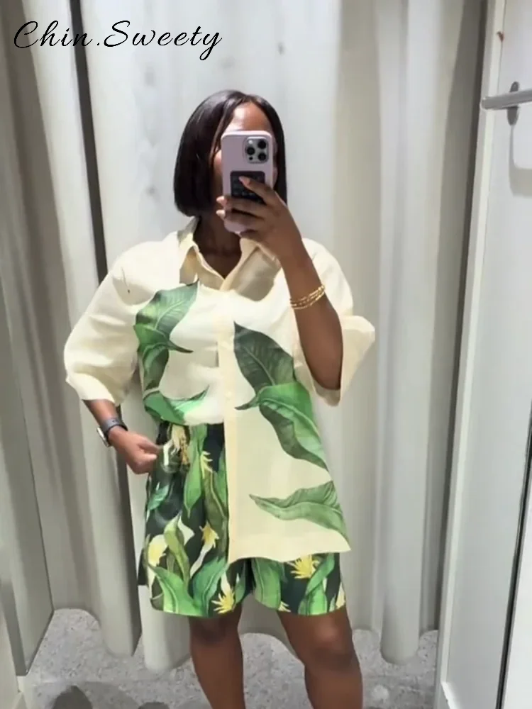 Chic Printed Shirts Shorts Sets Women Loose Lapel Half Sleeve Single Breasted Short Pants 2025 Summer Lady Beach Vacation Suits
