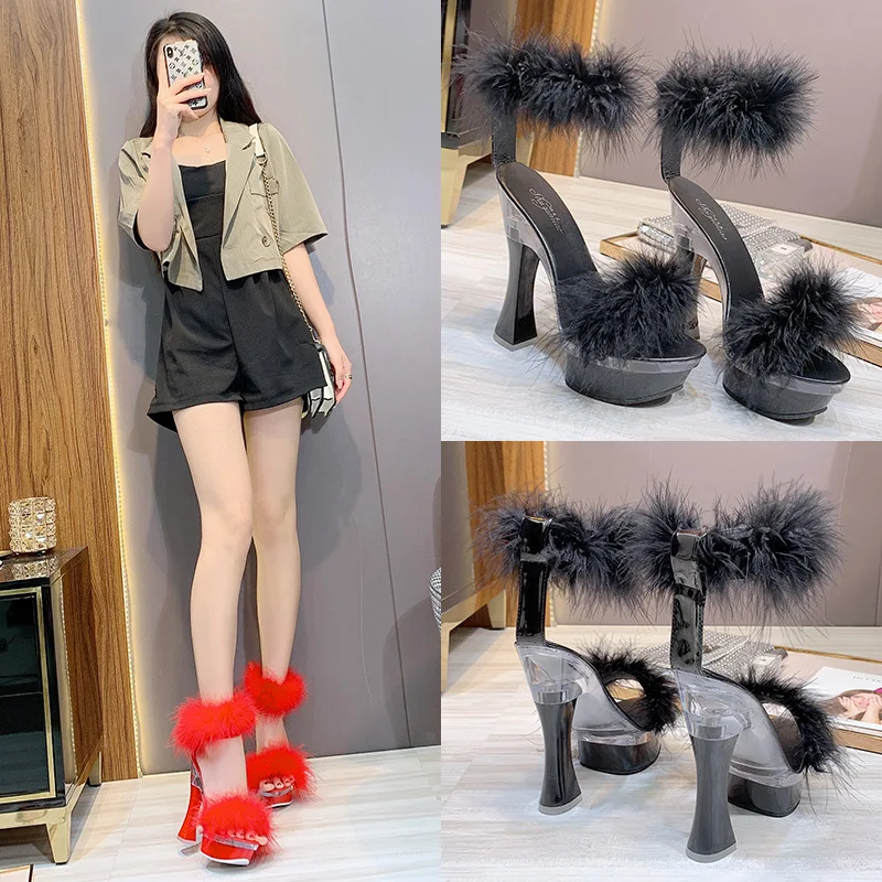 Black Platform Sandals Block Heels Suit Female Beige 2024 Summer Shoes Large Size Espadrilles Chunky Nude Comfort Sexy Fur Plast