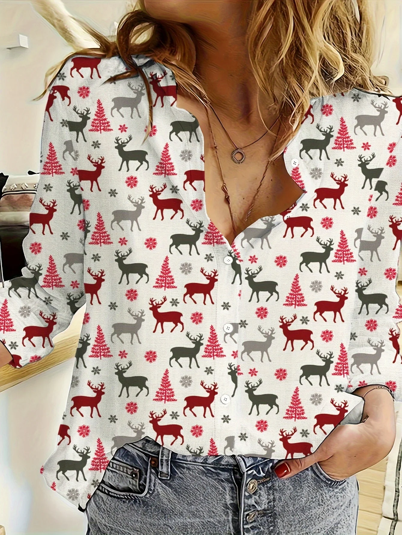 2025 عيد الميلاد المرأة ثلاثية الأبعاد ملابس منقوشة بكم طويل قمصان عادية عيد الميلاد بلوزة للحزب زر متابعة القمم للنساء الملابس في الهواء الطلق