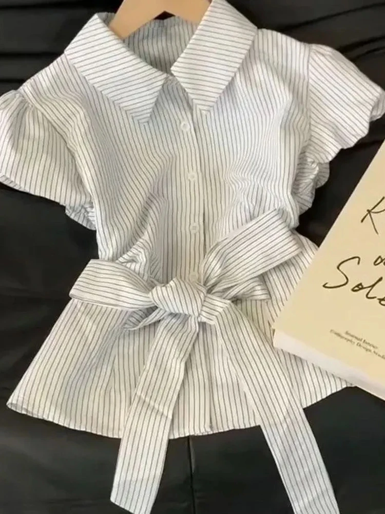 

Bow Belt Slim Striped Shirt Women Sweet Fashion Summer Elegant Blouse Chic Casual Short Sleeve Female Single Breasted Ins Tops