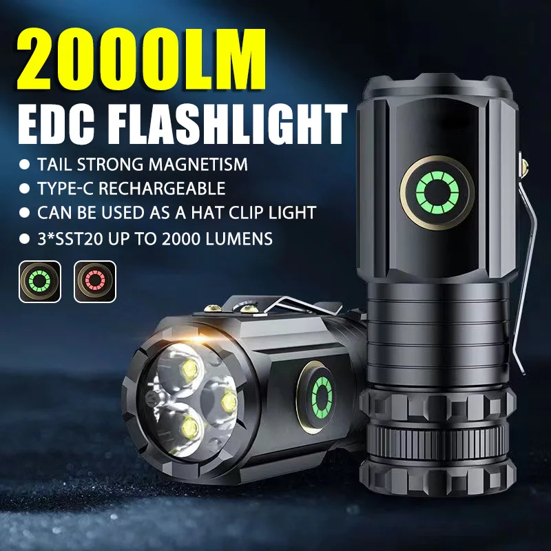 

2000LM High Power LED Flashlight Rechargeable EDC Tactical Keychain Torch with CAP CLIP Magnet Outdoor Lighting Camping Lantern