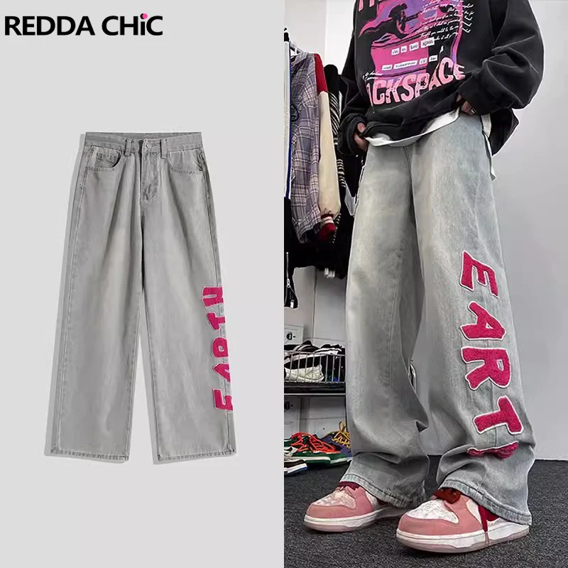 

REDDACHIC Hiphop Flocked Letter Baggy Jeans Men Casual Loose Fit Wide Leg Skater Oversized Pants Graphic Trousers Y2k Streetwear