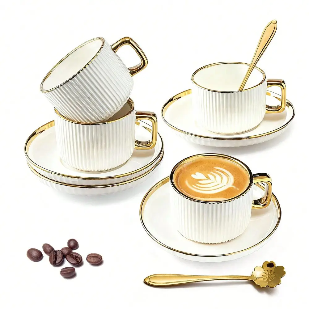

7oz Espresso Cups With Saucers Spoons, Gold Trim Ceramic Coffee Tea Cups, Gift For Latte, Mocha