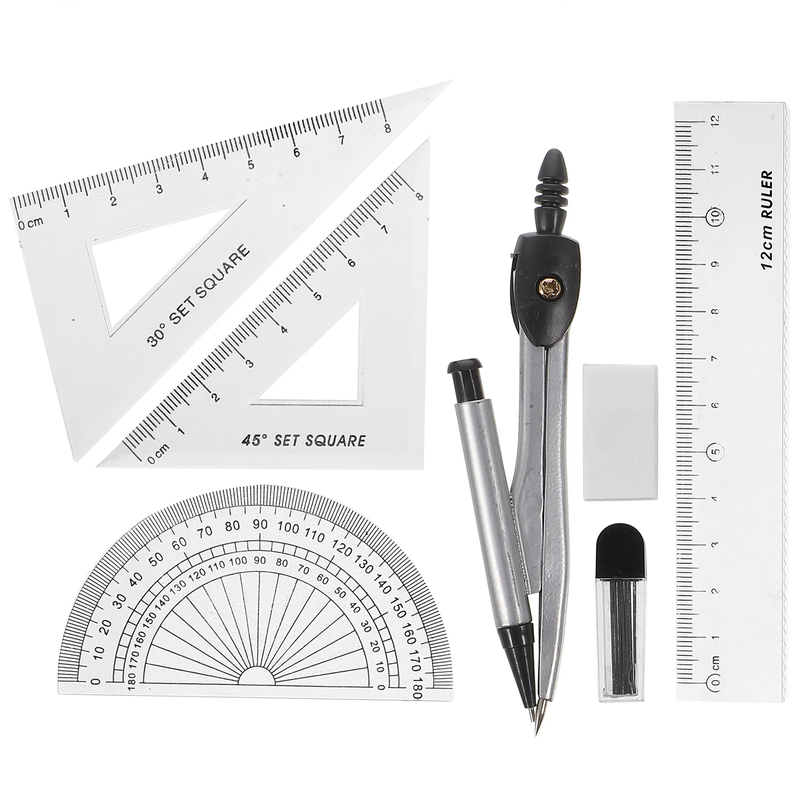 Geometria Desenho Tool Set com transferidor, Bulas, Divisor, Régua, Lápis, Chumbo, Borracha