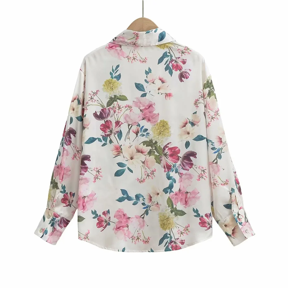 2024ZAR * Spring/Summer New Women\'s Fashion European and American Loose Style Versatile Silk Satin Texture Printed Shirt