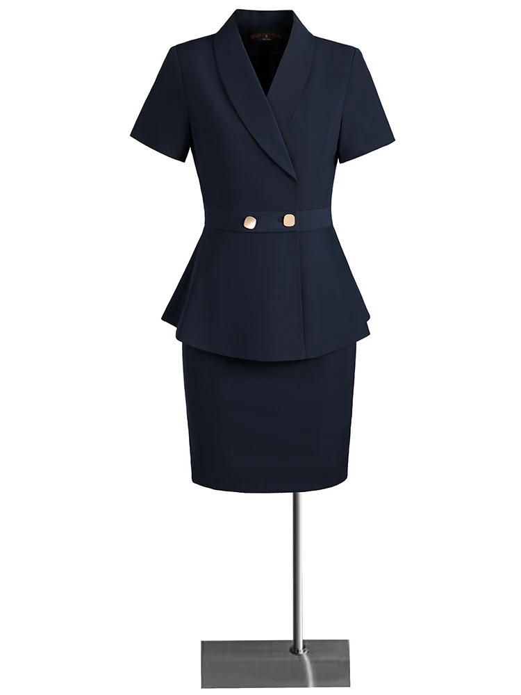 

Blue Suit Set Women's Summer Short Sleeve Professional Formal Workwear High End Jewelry Store Hotel Sales Office Uniform