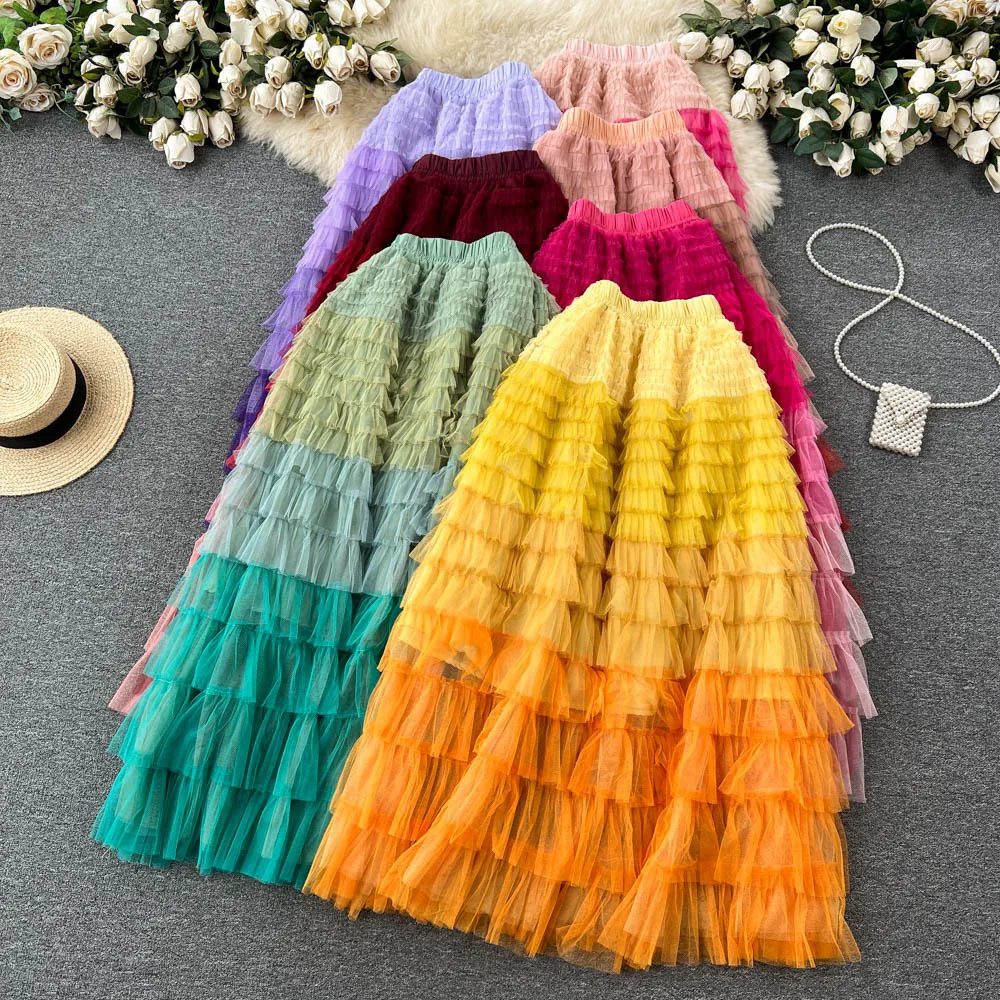 

Skirts Women Mid Length Cake Skirt A Line Casual Maxi Long Gradation Irregularity Sexy High Waist Elegant Splice Y2k Streetwear