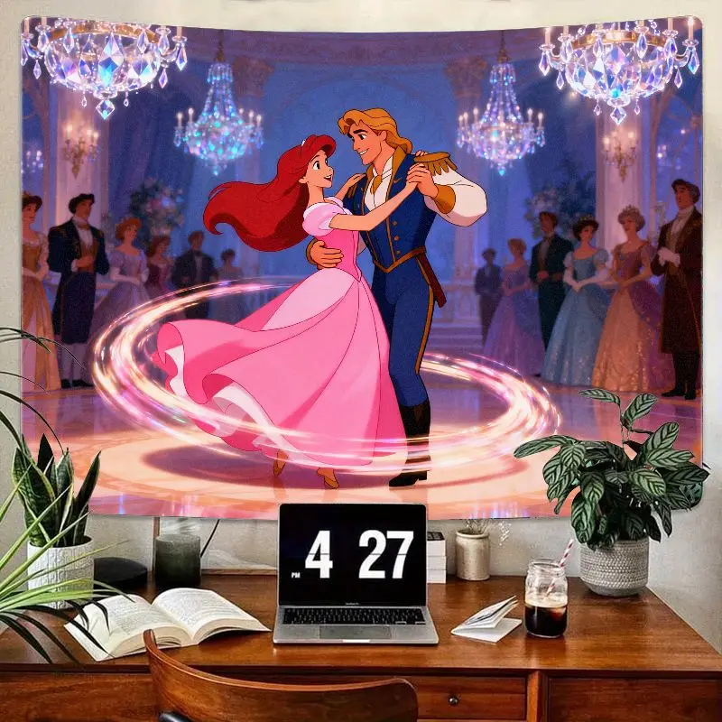 

1PC Disney Little Mermaid Ariel Prince Eric Romantic Dance Tapestry, Fairytale Princess Wall Art, Polyester Home Decor for Girls