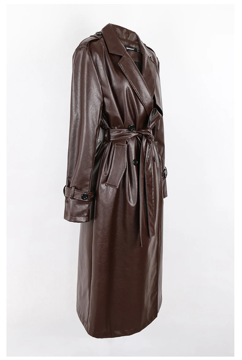 Lautaro Spring Autumn Long Black Soft Pu Leather Trench Coat for Women Belt Double Breasted Cool Handsome European Fashion 2022