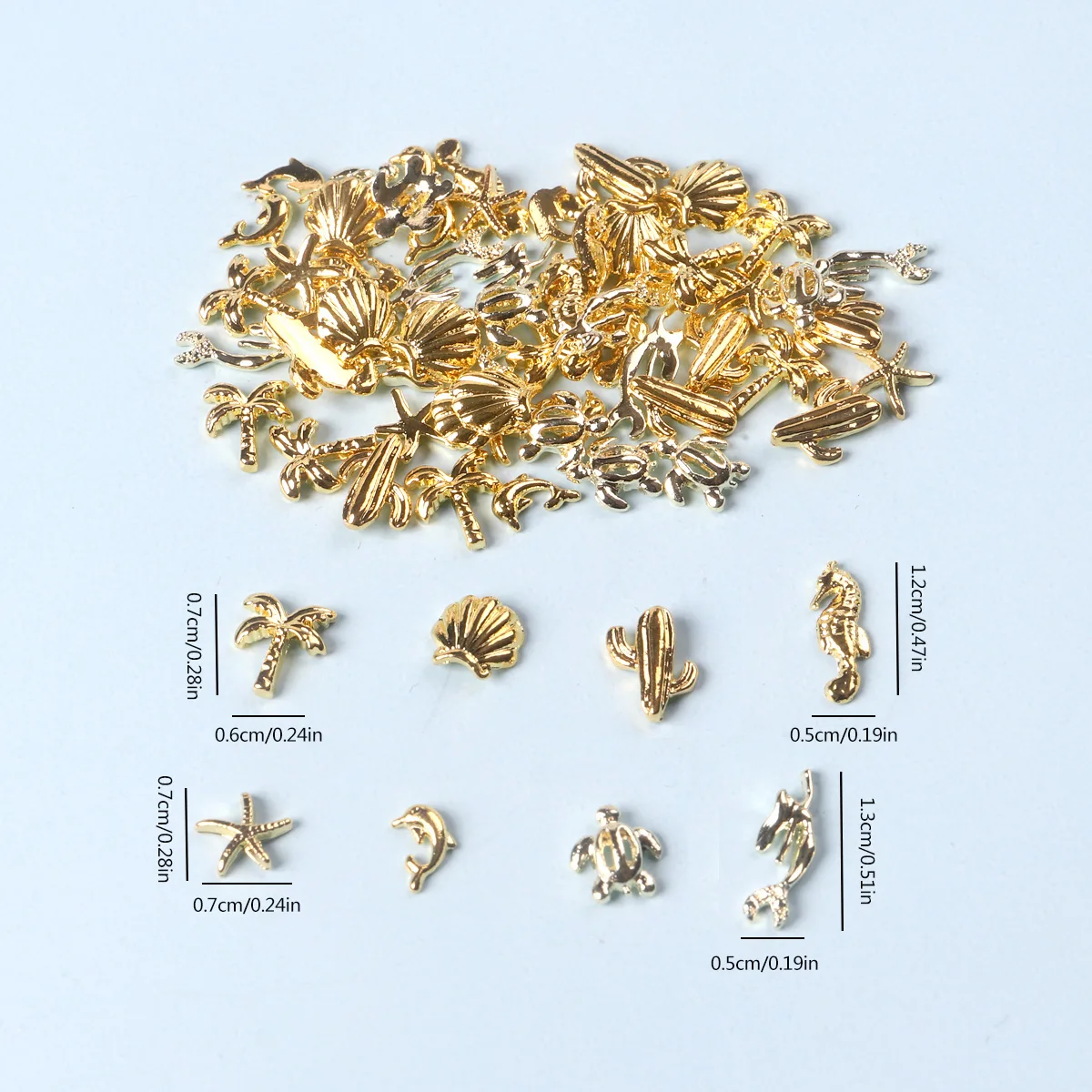 50PCS Mixed 3D Gold Summer Ocean Shell Starfish Metal Manicure Nail Decoration Mermaid Coconut Tree Nails Art Charms