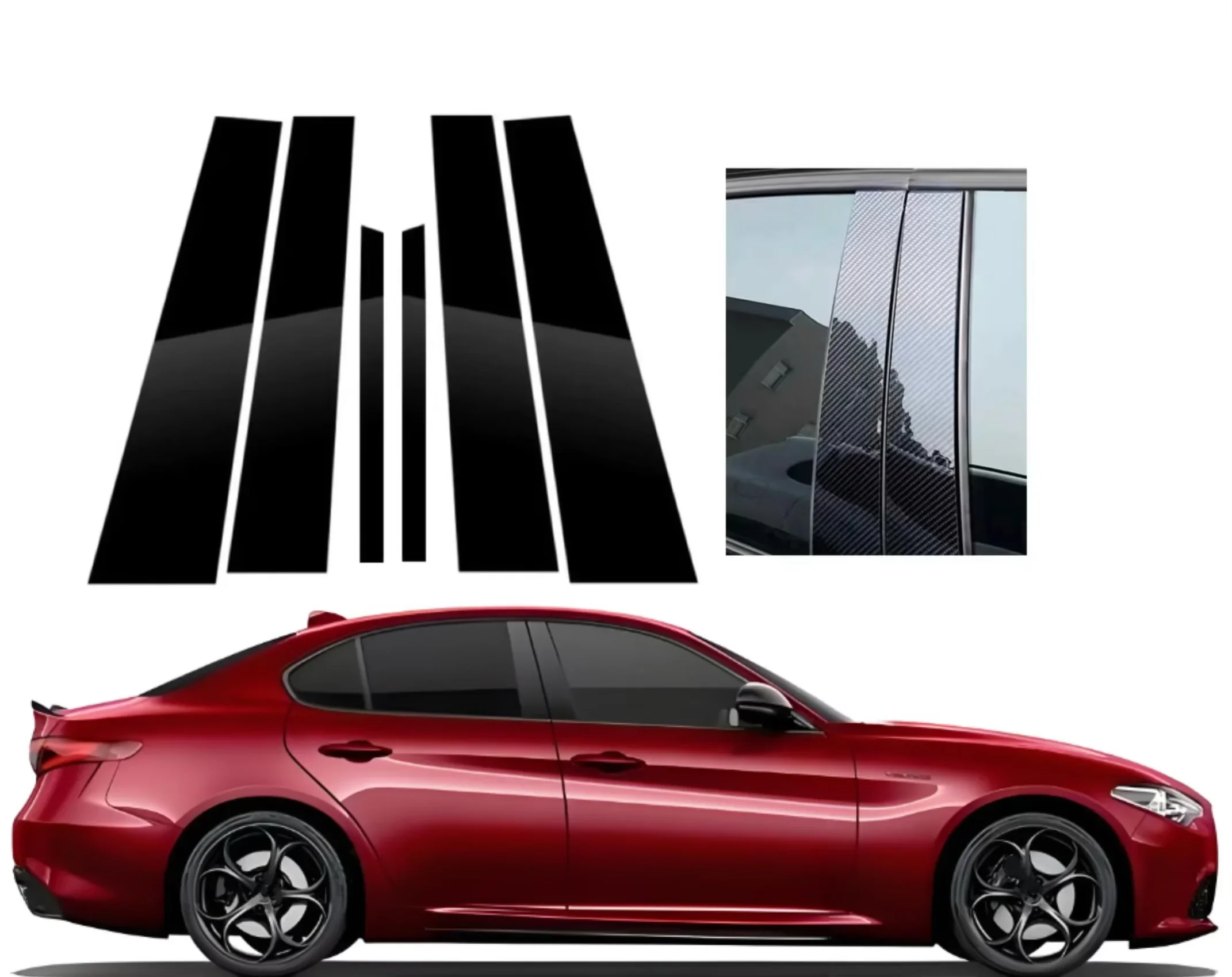 For Alfa Romeo Giulia 2017-2021 6PCS Complete Protective Upgrade Kit With Gloss Black and Silver Carbon B & C Pillar Covers