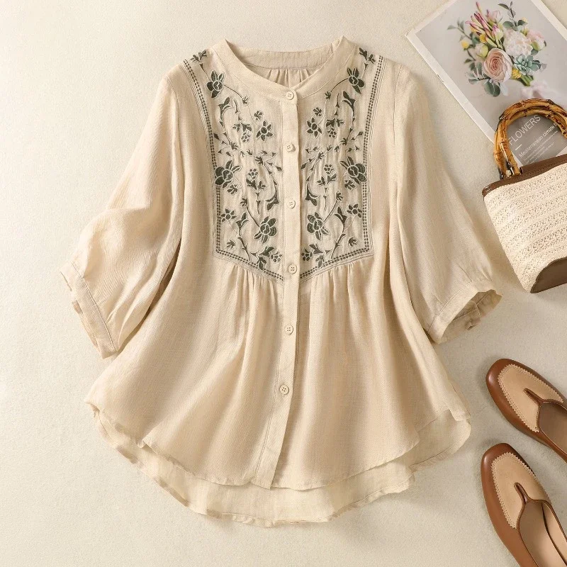 

Chinese Style Women's Blouse Embroidery Vintage Shirts Fashion Loose Summer Clothing Short Sleeve Cotton Linen Women Tops